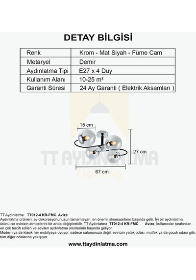 Tt012-4 Kr Tt Aydınlatma Krom Rengi Kaplama 4 Lü Füme Camlı Lüks
