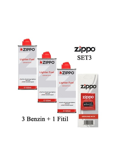 Zippo Çakmak İkmal Seti 3 Bidon Benzin 1 Fitil Set3