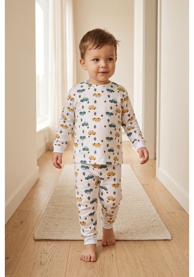 Zuzunga Araba Desenli %100 Pamuk Süprem Kumaş Erkek Bebek - Çocuk Pijama Takımı BEYAZ