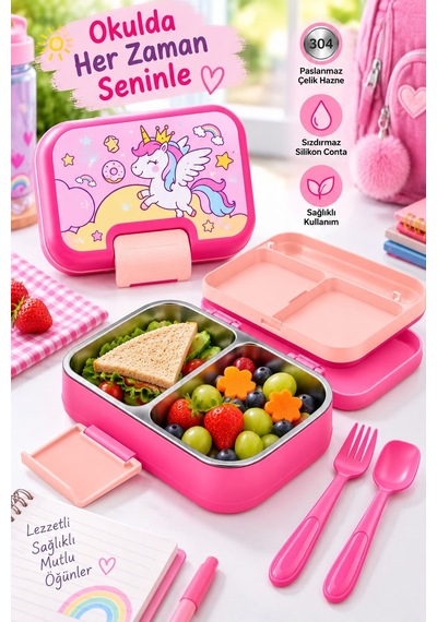 Titiz Happii 1030 Ml Çelik Bölmeli Beslenme Kabı Sızdırmaz Silikon Contalı Çatal Kaşık Setli Çok Renkli