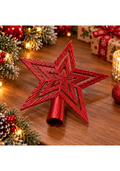 Yılbaşı Çam Ağacı Tepeliği 15 Cm - İç İçe Yıldız Tasarımlı Parlak Kırmızı Ağaç Tepe Süsü - 9099968027335 Diğer