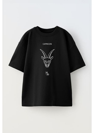 Thewert Unisex Oglak Burcu Tasarım Baskılı Pamuk Sıyah Oversize T-shirt Siyah