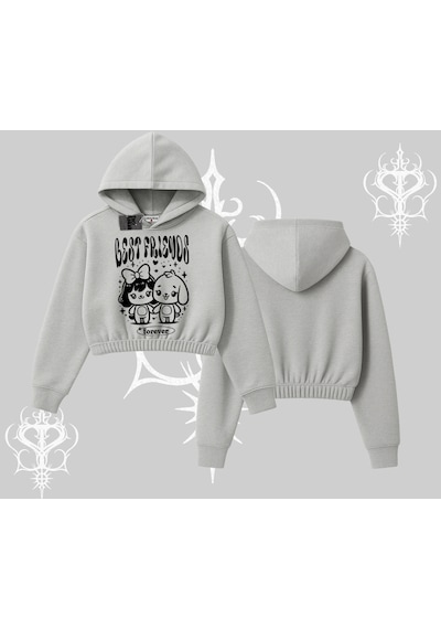 Startmore Kapşonlu Crop Sweatshirt Best Friends Forever Baskılı Sevimli Tasarım Gri
