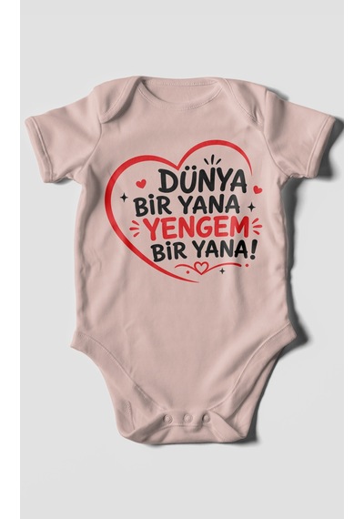 Morivokids Dünya Bir Yana Yengem Bir Yana Kısa Kollu Bebek Body %100 Pamuk Pastel Pembe