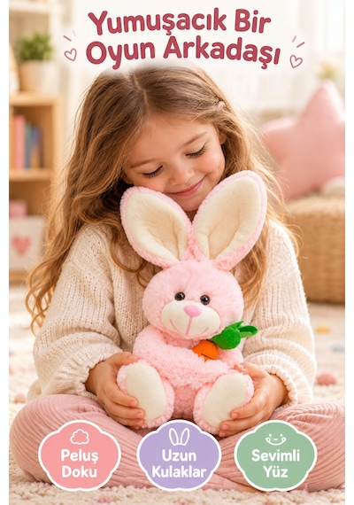 Pembe Tavşan Peluş Oyuncak 28 Cm Havuçlu Sevimli Yumuşak Oyuncak Çocuk Odası Dekoru Uyku Arkadaşı Set
