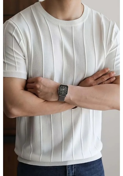 Cool Tarz Canlı Beyaz Erkek Yuvarlak Yaka Örme T-shirt Canlı Beyaz Canlı Beyaz