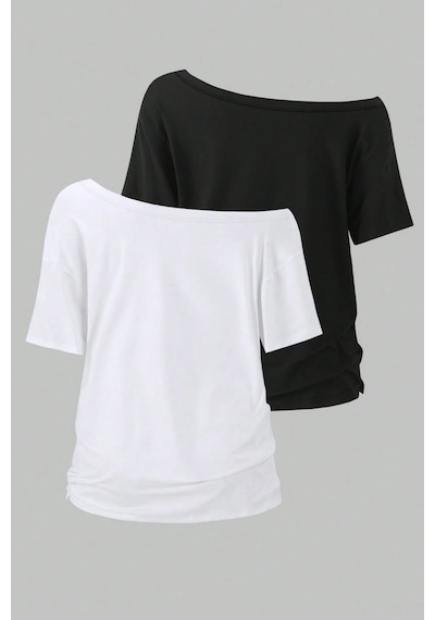 Siyah Beyaz 2li Paket Kadın Düşük Omuz Kayık Yaka Oversize T-shirt Beyaz - Siyah