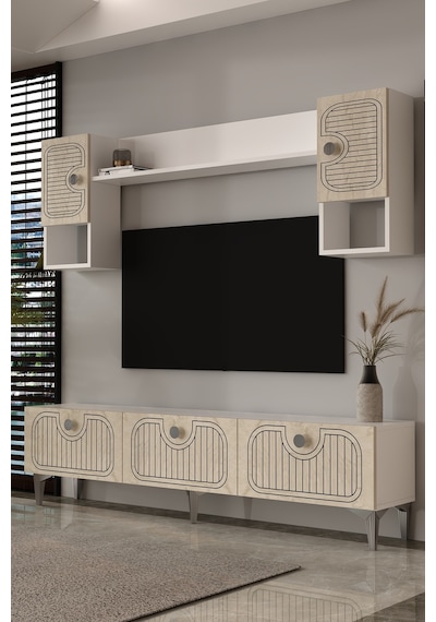 180dhdtü3btg Hera Lazer Desenli Tv Ünitesi Beyaz-traverten-gümüş