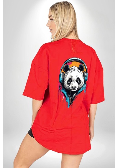 Kulaklık Ayı Panda Kırmızı Oversize Unisex Ön Ve Sırt Baskılı Tişört Kırmızı