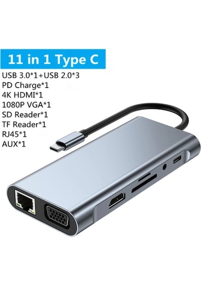 Apple Uyumlu MacBook Pro Air Type C Hub Pd Şarj Hdmı Sd Network Vga Girişl 11
