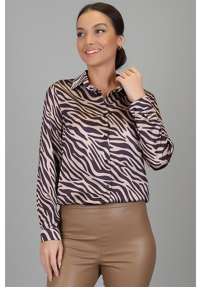 Sweetness Kadın Siyah Bej Zebra Desenli Likralı Saten Uzun Kol Abiye Gömlek Dk 1005 Siyah