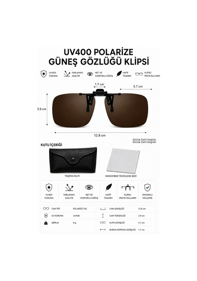 Polarize Güneş Gözlüğü Klipsi Uv400 Korumalı Gözlük Üstü Klips Hafif Mekanizmalı - Kahverengi Çerçevesiz