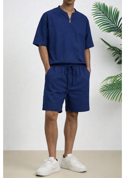 Tarz Cool Erkek Oversize Şort Takım V Yaka Yırtmaçlı Tişört Rahat Kesim Yazlık Takım Lacivert Tarz Cool Erkek Oversize Şort Takım V Yaka Yırtmaçlı Tişört Rahat Kesim Yazlık Takım Lacivert