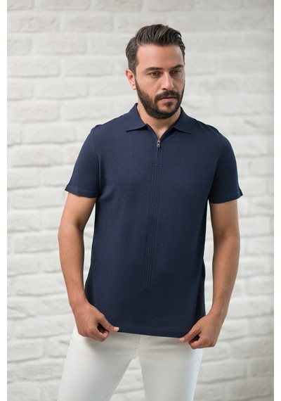 San&fa Slimfit Fermuar Kapamalı Rayon Kumaş Likralı Polo Yaka T-shirt Lacivert