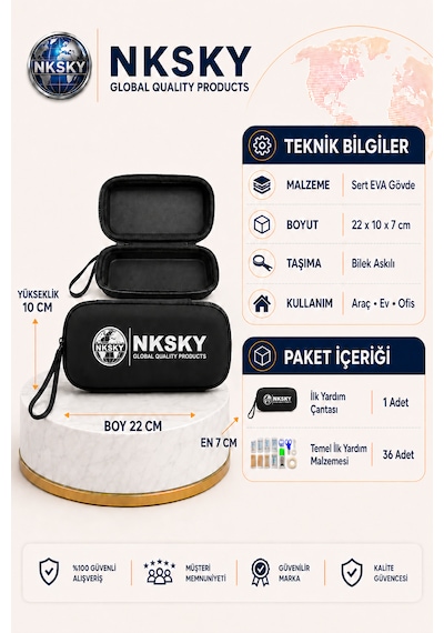 Nksky 36 Parça İlk Yardım Çantası, Siyah Eva Çantalı İlk Yardım Seti, Bileğe Takılabilir Taşıma İpli Ecza Çantası