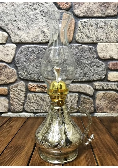 İşlemeli Bakır Gaz Lambası Büyük Boy, G10082 Gümüş