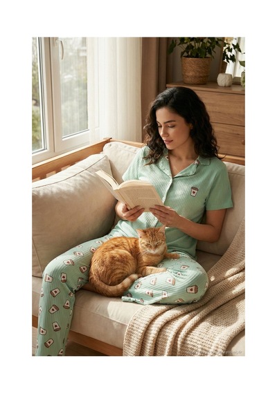 Lela Regular Fit Gömlek Yaka Kısa Kollu Bayan Pijama Takımı 65740102 Mint-Bej
