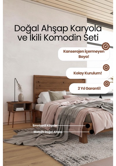 Hüma Yatay Başlıklı Masif Ahşap Karyola Ve 2 Adet Ceviz 90x200