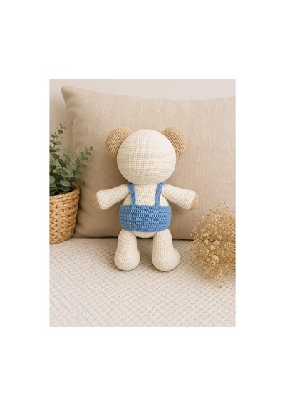 El Yapımı Amigurumi Tombiş Ayı Oyuncak - Mavi Tulumlu