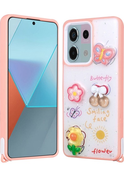 Xiaomi Redmi Note 13 Pro 5g Kılıf Parlayan Simli Kabartma Figürlü Zore Cevze Kapak Pembe