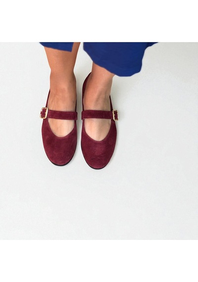 Ne&ve Shoes Bordo Süet Hakiki Deri Yuvarlak Burunlu Tokalı Kadın Babet
