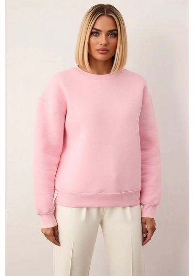 Benerly Kadın Bisiklet Yaka Düşük Kol Regular Kalıp Örme Sweatshirt Fonks Açık Pembe