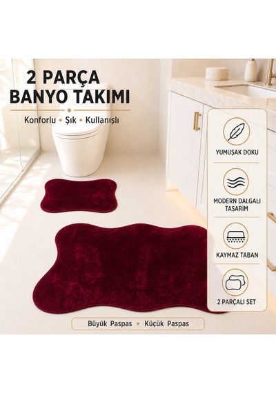 2 Li Banyo Paspası Halısı Seti Kaymaz Tabanlı Yıkanabilir Klozet Takımı Bordo