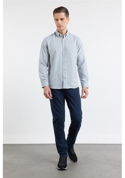 İmza Mavi - Beyaz Düğmeli Yaka Uzun Kol Cepsiz Slim Fit Pamuklu Gömlek 1004260164