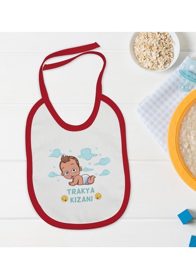 BK Kids Trakya Kızanı Tasarımlı Kırmızı Bebek Mama Önlüğü Kırmızı