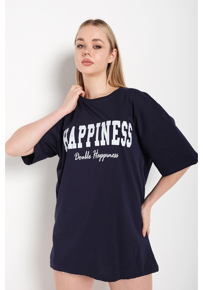 Flood Of Style Kadın Lacivert Happıness Baskılı Oversize Tshirt