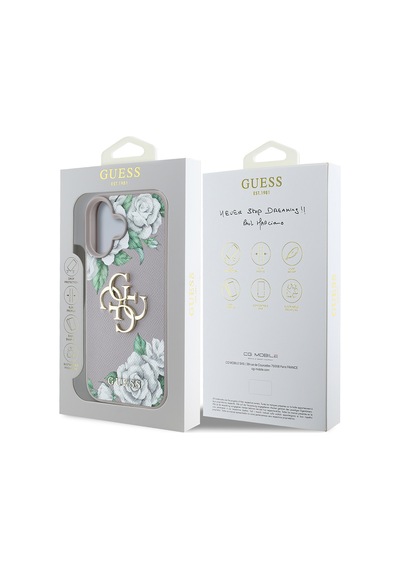 Apple Uyumlu iPhone 16 Kılıf Guess Lisanslı Gül Baskılı Büyük Metal Logo Dizaynlı Kapak Mor