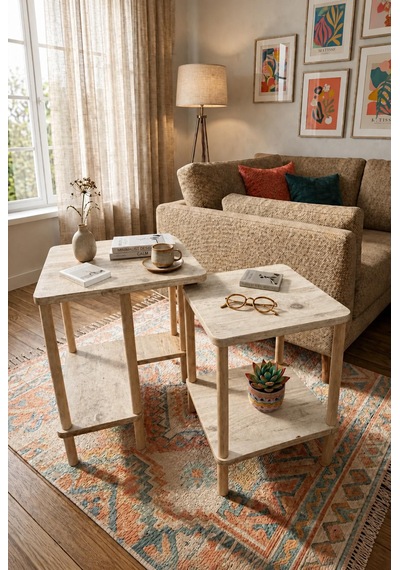 Modern Minimal Tasarım Yan Sehpa Dekoratif Ahşap Zigon Sehpa 2li Set 40 50cm Traverten