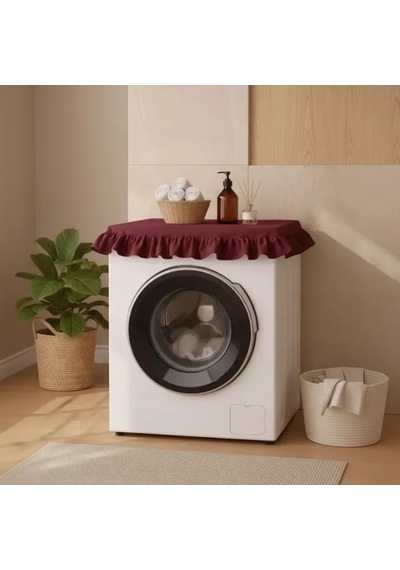 Fırfırlı Çamaşır Makinesi Örtüsü - Çeyizlik Dekoratif Banyo Makine Kılıfı- Bordo