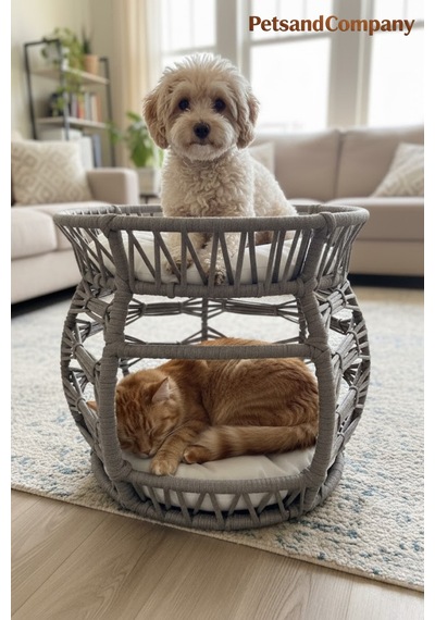 El Örgüsü 2 Katlı Kedi Köpek Yatağı Ve Evi Gri, 53x50 Cm, Modern Çift Katlı Evcil Hayvan Ranzası