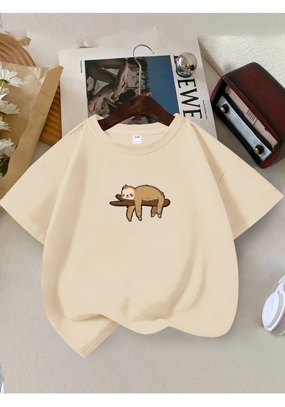 Uyguntarz Çocuk Dalda Uyuya Kalmış Maymun Baskılı Tasarım Tshirt Bej