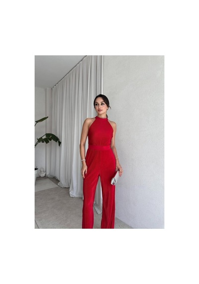 Rabia Çelik Kadın Kırmızı Halter Yaka Pilli Tulum Kırmızı Kırmızı