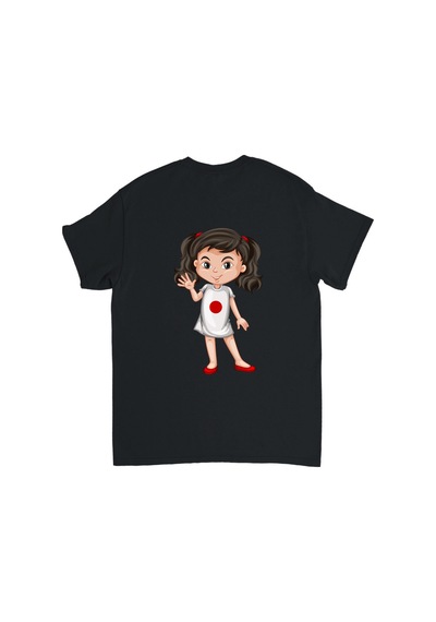Paybuy Çocuk Tişört Kawaii Kız Karakteri Kalpli Gözler Fiyonklu Baskılı Siyah