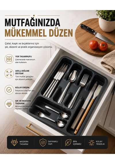 6 Bölmeli Çekmece İçi Kaşıklık, Plastik Çatal Bıçak Organizeri, Mutfak Düzenleyici Gri S-11003