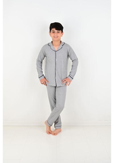 Vitmo Erkek Çocuk Uzun Kollu Pamuklu Düğmeli Pijama Takımı Mini Kare Gri
