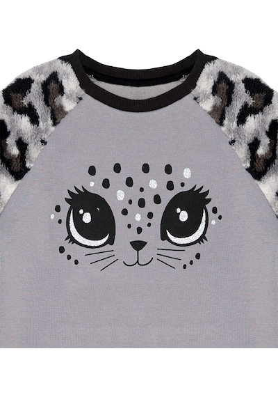 Kız Çocuk Kışlık Leopar Desenli Peluş Gri Uzun Kollu Sweatshirt 3-8 Yaş