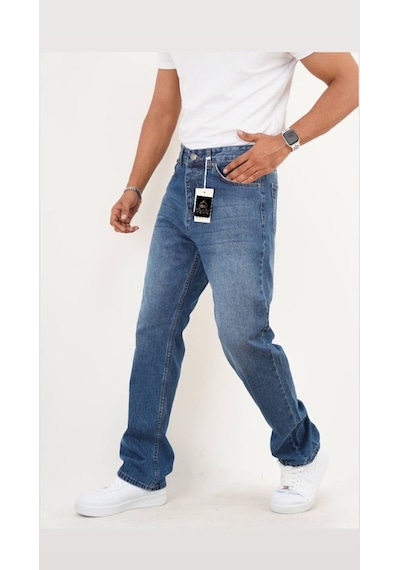 Koyu Mavi Taşlamalı Baggy Pantolon Taşlamakoyumavi