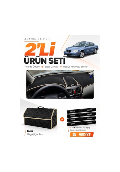 E-biz Nissan Maxima A33 1999-2003 Uyumlu Torpido Örtüsü + Deri Bagaj Çantası - Siyah-bej - Nı006