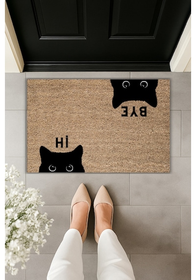 Rugmood Modern Dijital Baskı Paspas - Hi, Bye Kedi - Kapı Önü Paspası 70x45cm Kahverengi
