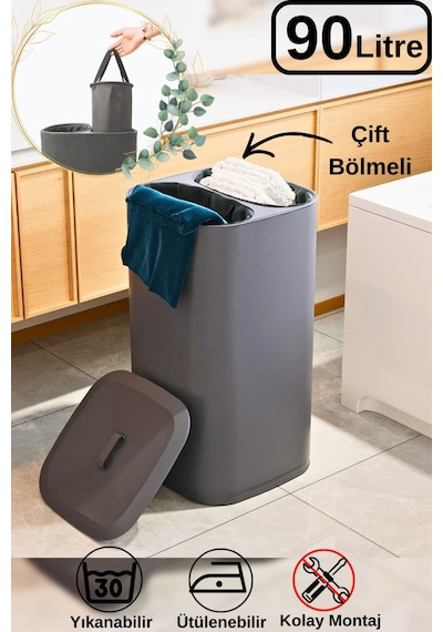 Çift Bölmeli Yıkanabilir Katlanabilir Kumaş Kirli Çamaşır Sepeti Oyuncak Sepeti Organizer 90 Litre Gri - Siyah