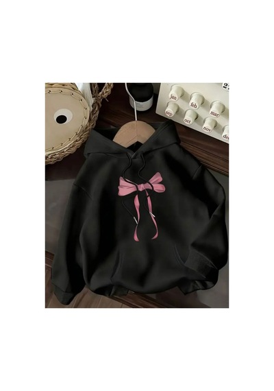 Herkesemoda Kurdele Baskılı İçi Polarlı Kapüşonlu Sweatshirt Siyah