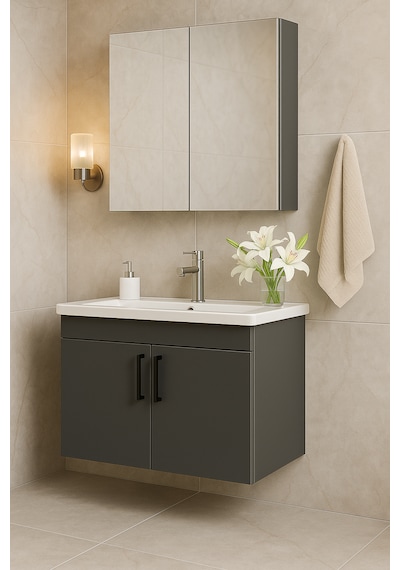 Dmz Home Concept Liventa 65 Cm Antrasit Renkli, Seramik Lavabolu, Antrasit