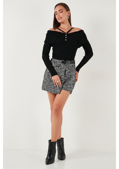Lela Premium Fitted Fit Carmen Yaka Ip Askı Detaylı Triko Bayan Kazak 680Kz00076 Siyah