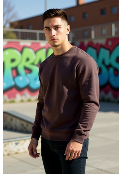 Benerly Erkek Bisiklet Yaka Standart Kol Regular Kalıp Sweatshirt Fonksiy Kahverengi