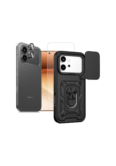 Teleplus Honor 600 Kılıf Armor Slide Kamera Sürgülü 3in1 Kombin Kapak Siyah