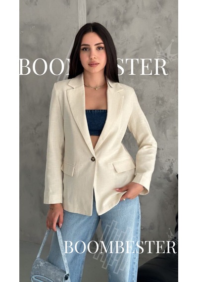 Boombester Kadın Flam Keten Astarlı Blazer Ceket Çizgili Astar Detay Rahat Kalıp İnce Ceket Ekru Boombester Kadın Flam Keten Astarlı Blazer Ceket Çizgili Astar Detay Rahat Kalıp İnce Ceket Ekru